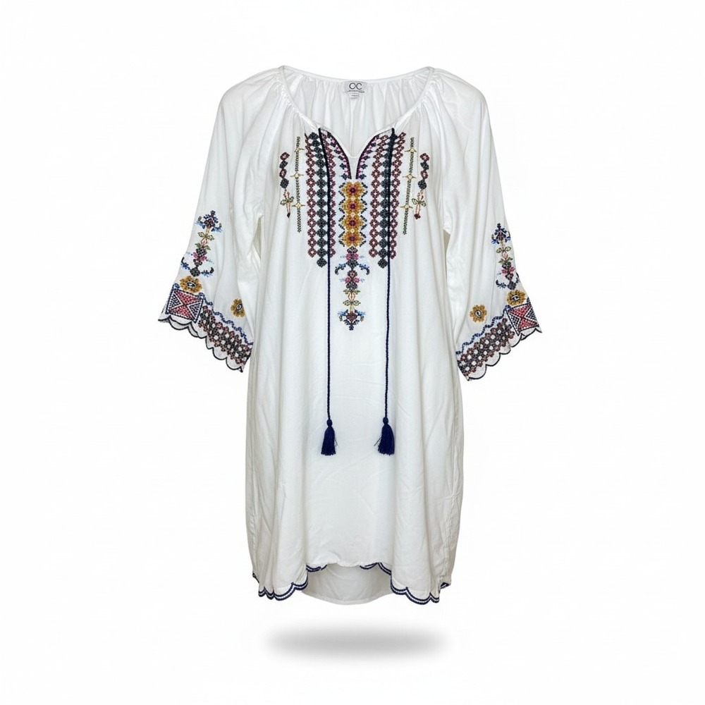 Chic‎ Connection Women Tunic Top S White Embroidered Tassel Boho Festival Cotton